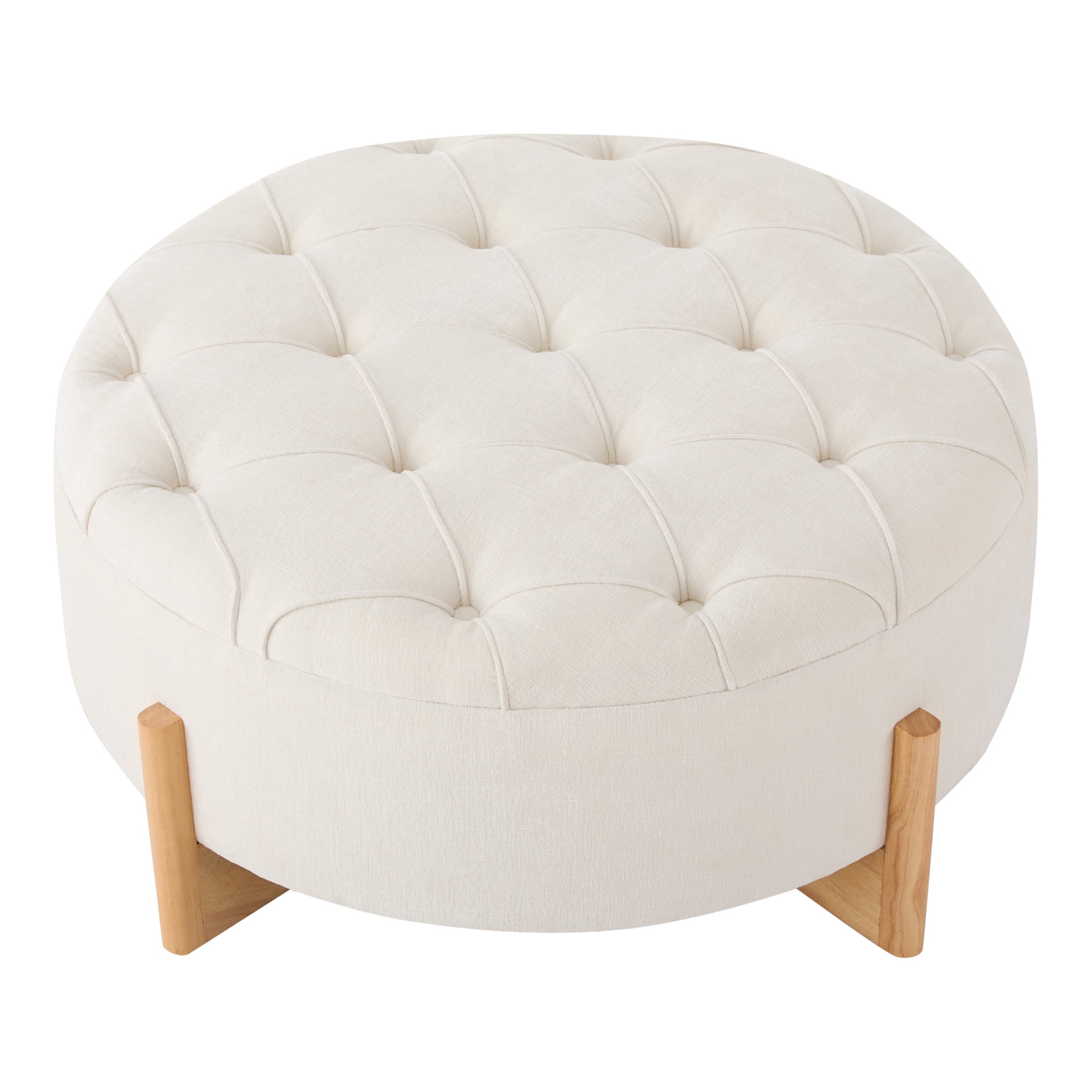 Noble House 32" Round Tufted Button Ottoman Coffee Table with Rubber Wood Legs, Chenille Upholstered Footrest, Beige