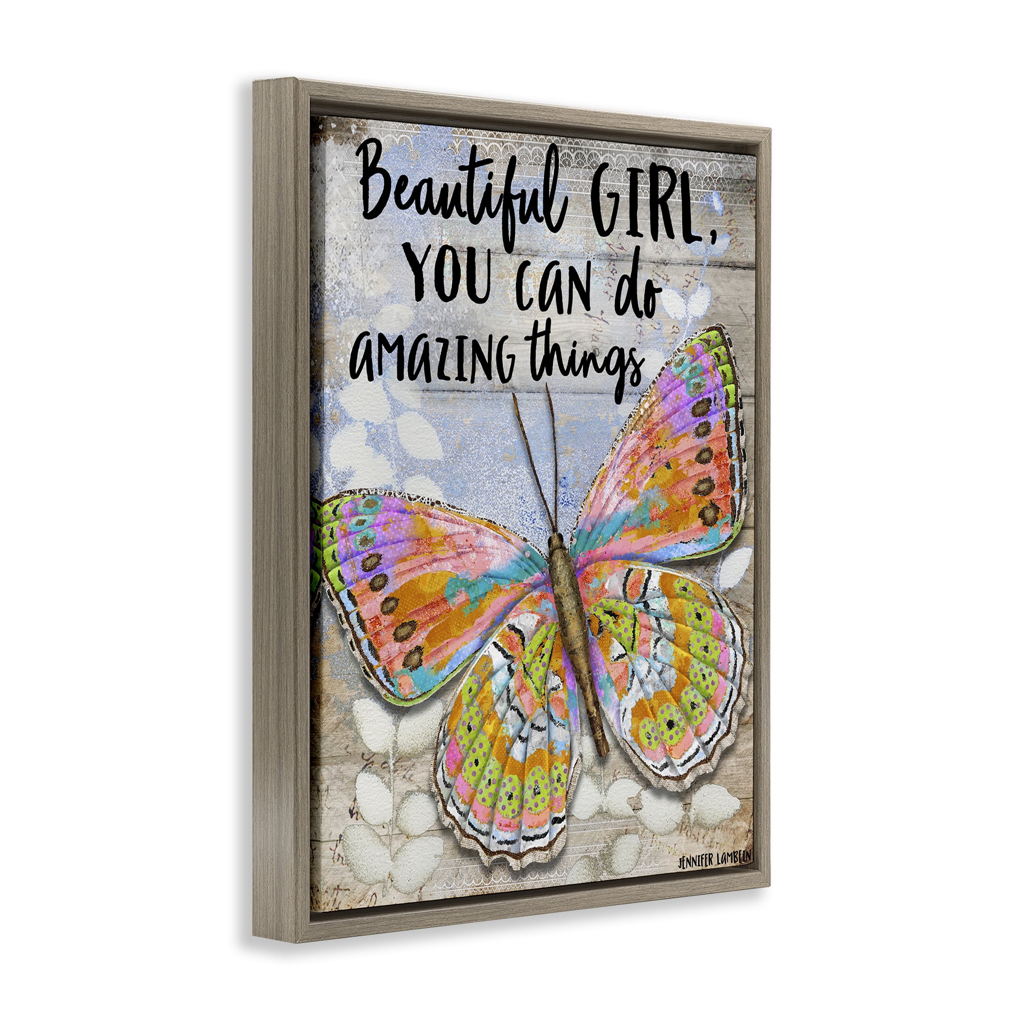 Stupell Industries Beautiful Girl & Butterfly Animals Painting Brown Floater Framed Canvas Art Print Wall Art, 17 x 21
