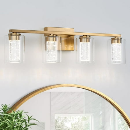 

4-Light Gold Bathroom Light Fixtures Dimmable 5CCT LED Vanity Lights with Crystal Bubble & Clear Glass 2700K-6500K Adjustable Brushed Brass Bathroom Lights Over Mirror for Hallway