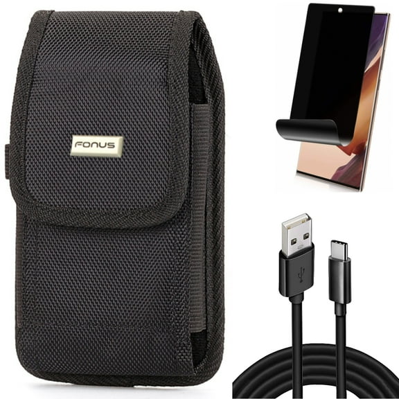 Privacy Screen Protector & 10ft USB Cable & Case Belt Clip for Samsung Galaxy Note 20 Ultra (6.9") - Combo with TPU Film Anti-Peep & Type-C Charger Cord & Rugged Holster