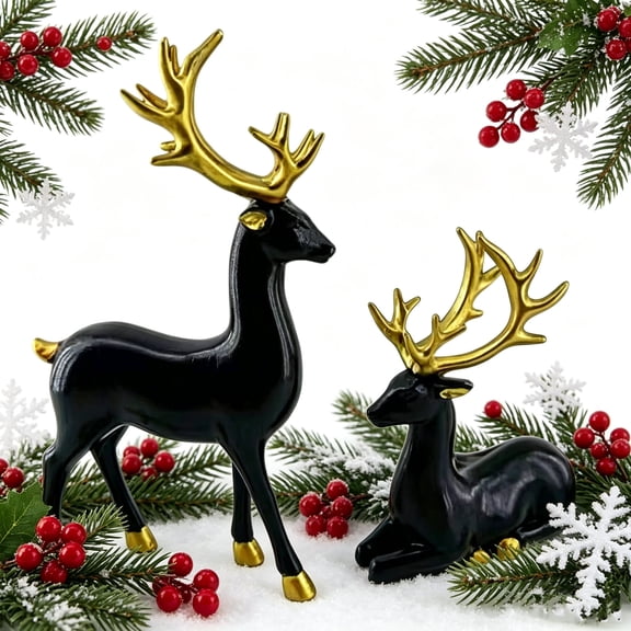 2Pcs Christmas Resin Elk Figurines Deer Wine Cabinet Ornaments Lucky- Sitting and Standing Deer Statues Golden Resin Elk Ornaments,Christmas Desktop Decors Christmas New Year Gift (Gold)