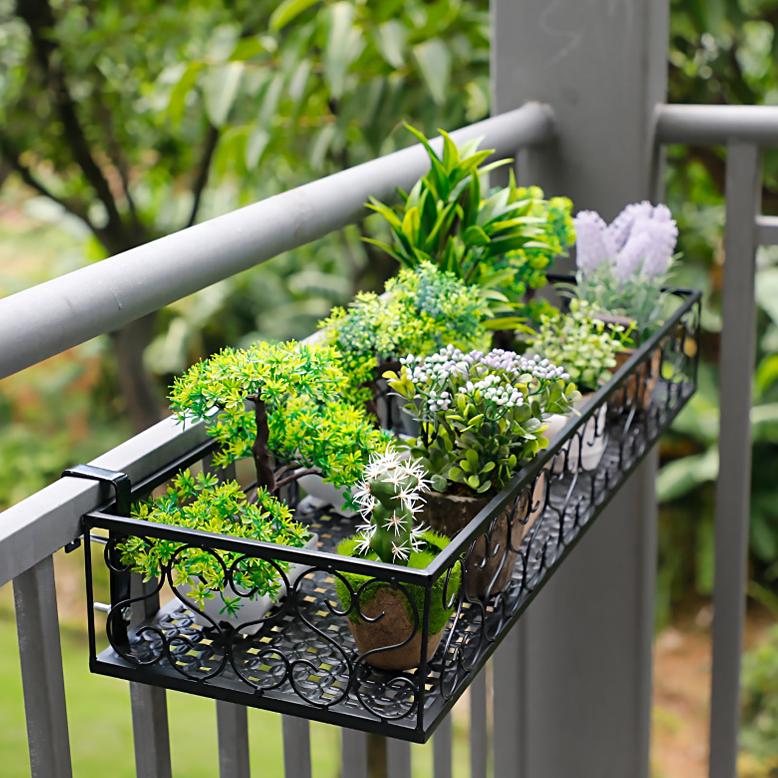 4pcs Balcony Planters Railing Hanging Shelf, Iron Plant Pots Holder With Hooks 19.6 Inch for Balcony Patio