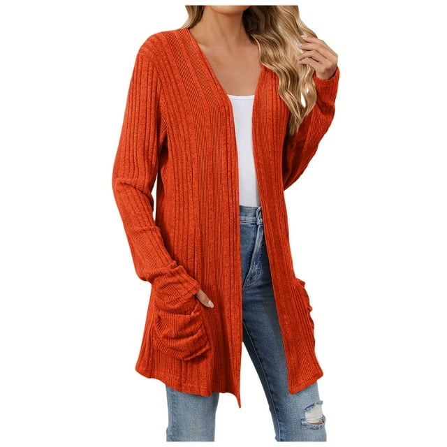 GPOECD Women Fall Solid Color Open Front Cardigan Lightweight Long Sleeve Pure Color Slim Fit Cardigan Outerwear with Pockets C-Orange,M
