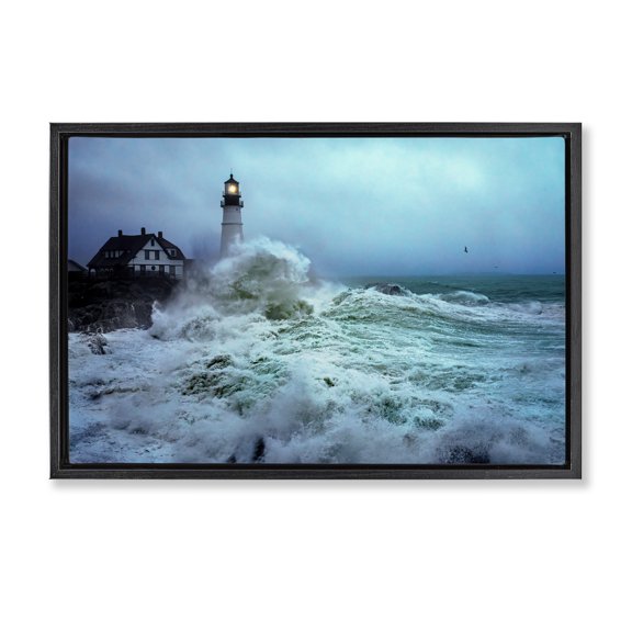 Stupell Industries Transitional Tall Splashing Waves Lighthouse Black Floating Frame Canvas Art, 25 x 17, by Rick Berk