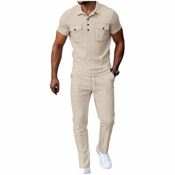 ZUKMRJPC Men's Summer Tracksuits 2 Pieces Waffleknit Golf Shirt and Long Pants Set Solid Color Casual Outfits with Pockets