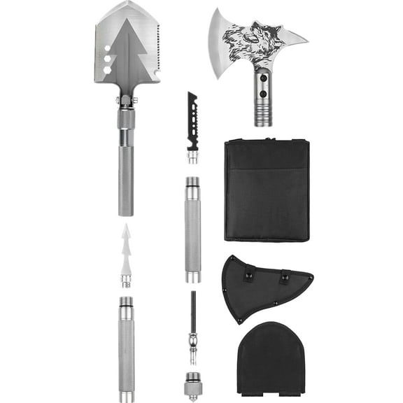 Oumilen Folding Portable Camping Shovel Axe Set, Silver