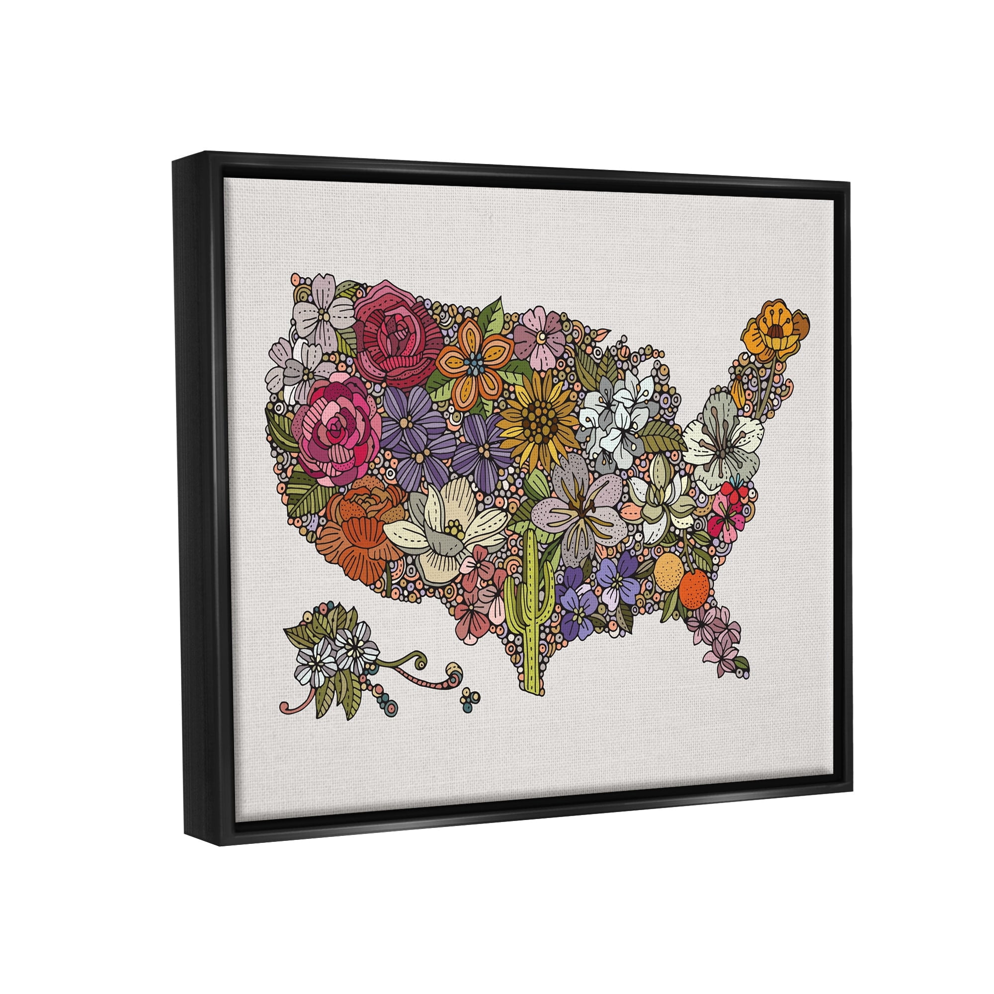 Stupell Industries United States Country Map Detailed Botanical State Flowers Graphic Art Jet Black Floating Framed Canvas Print Wall Art, Design by Valentina Harper