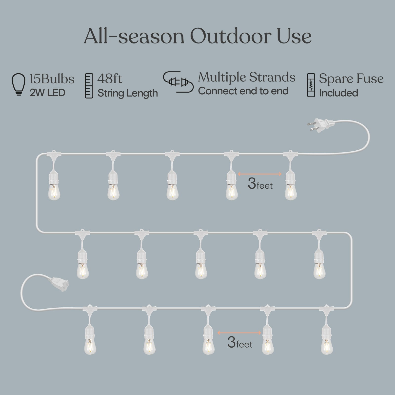 Brightech Ambience Pro LED Outdoor String Lights 48 ft, Waterproof Shatterproof 2W Dimmable Edison Bulbs for Patio, Backyard, Porch, 2700K Soft White, White Cord