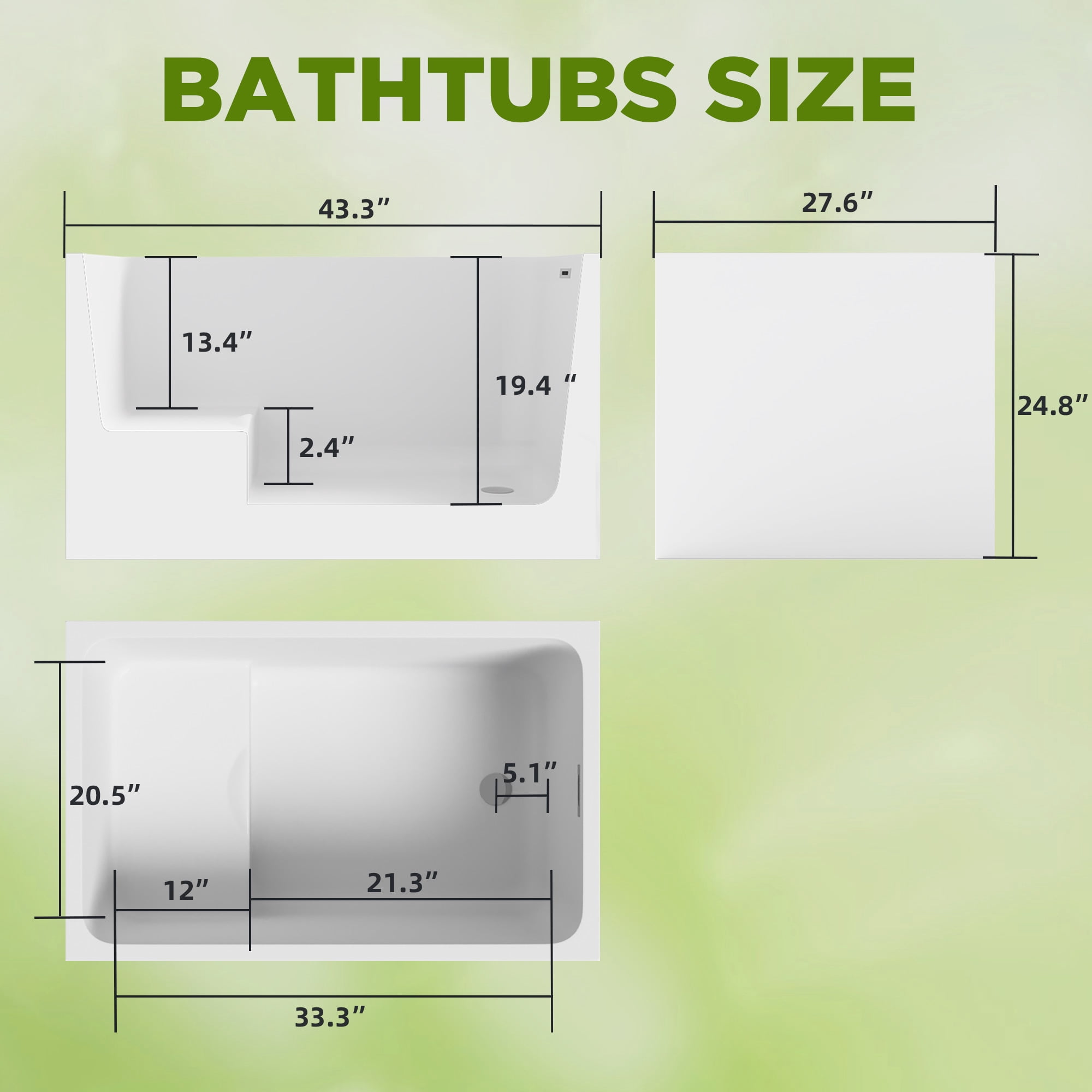 43" Acrylic Freestanding Soaking Bathtub,Rectangle Soaking Hot Ice Bath Tub with Seat,White