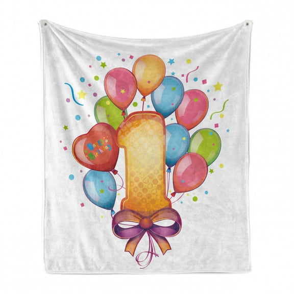 1st Birthday Soft Flannel Fleece Throw Blanket, Vintage Theme Kids First Party with Balloons Stars and Dots Image Colorful, Cozy Plush for Indoor and Outdoor Use, 60" x 80", Multicolor, by Ambesonne