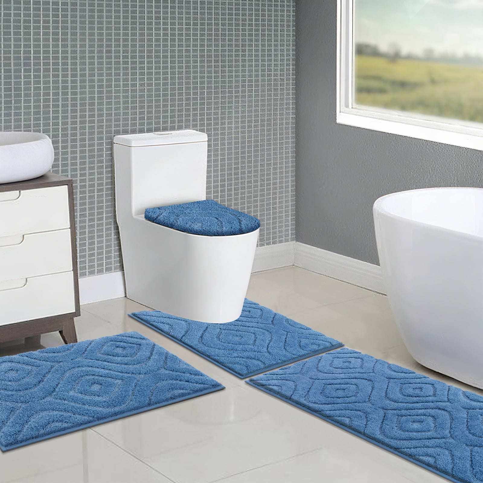 Ileading Bathroom Rugs Sets 4 Piece, Super Soft and Absorbent Non Slip Microfiber Toilet Bathroom Mats