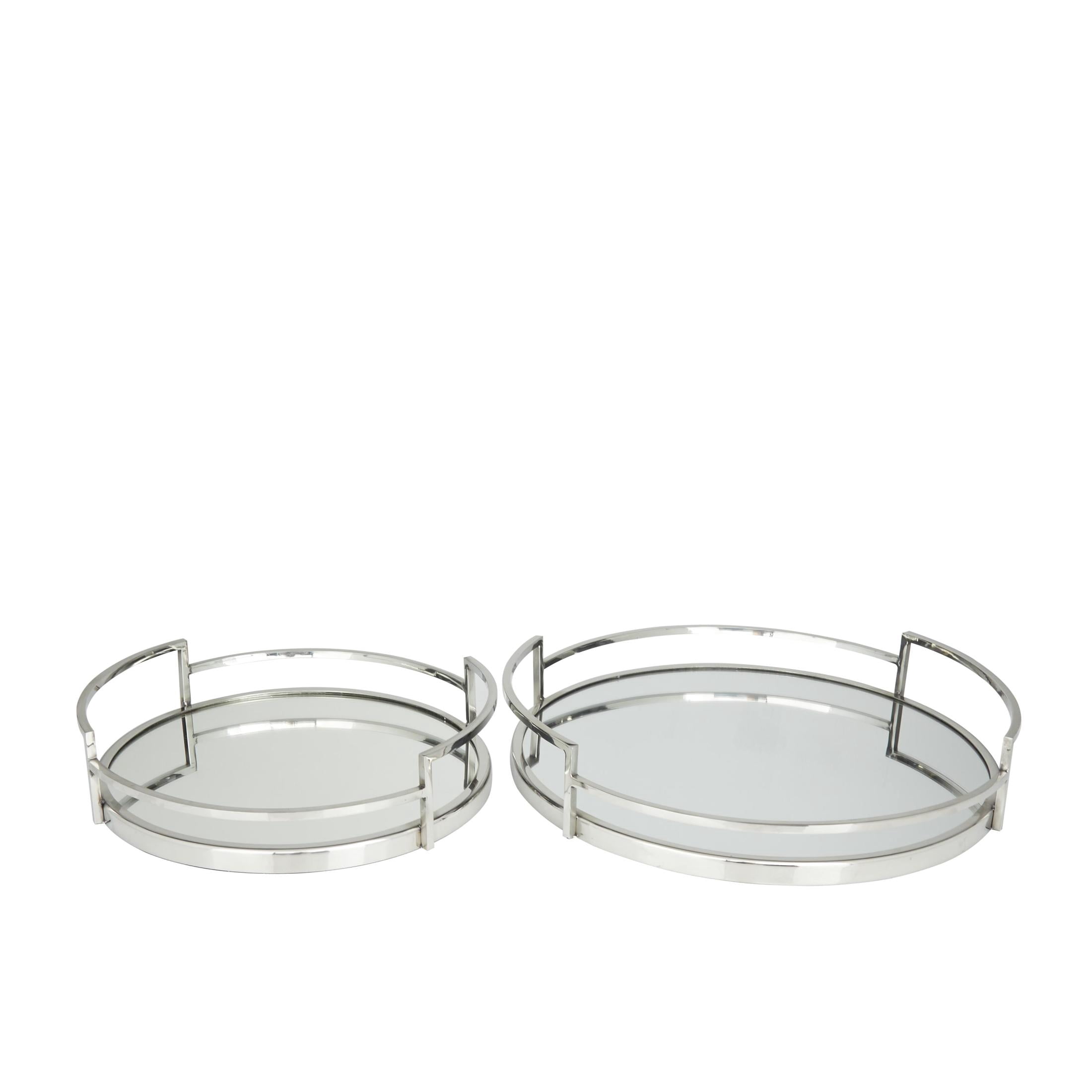 DecMode 19", 14"W Silver Stainless Steel Metal Mirrored Tray with Elevated Rim and Handles, 2-Pieces