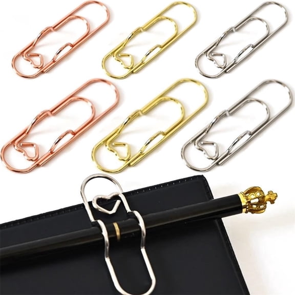 6 Pack Love Pen Clips,Metal Paper Clip,Portable Paperclip Pen Holder Clip,Cute Heart Paper Clips,Document Ticket Holder,for Notebooks Pictures Journals Clipboard (Gold/Silver/Rose Gold)