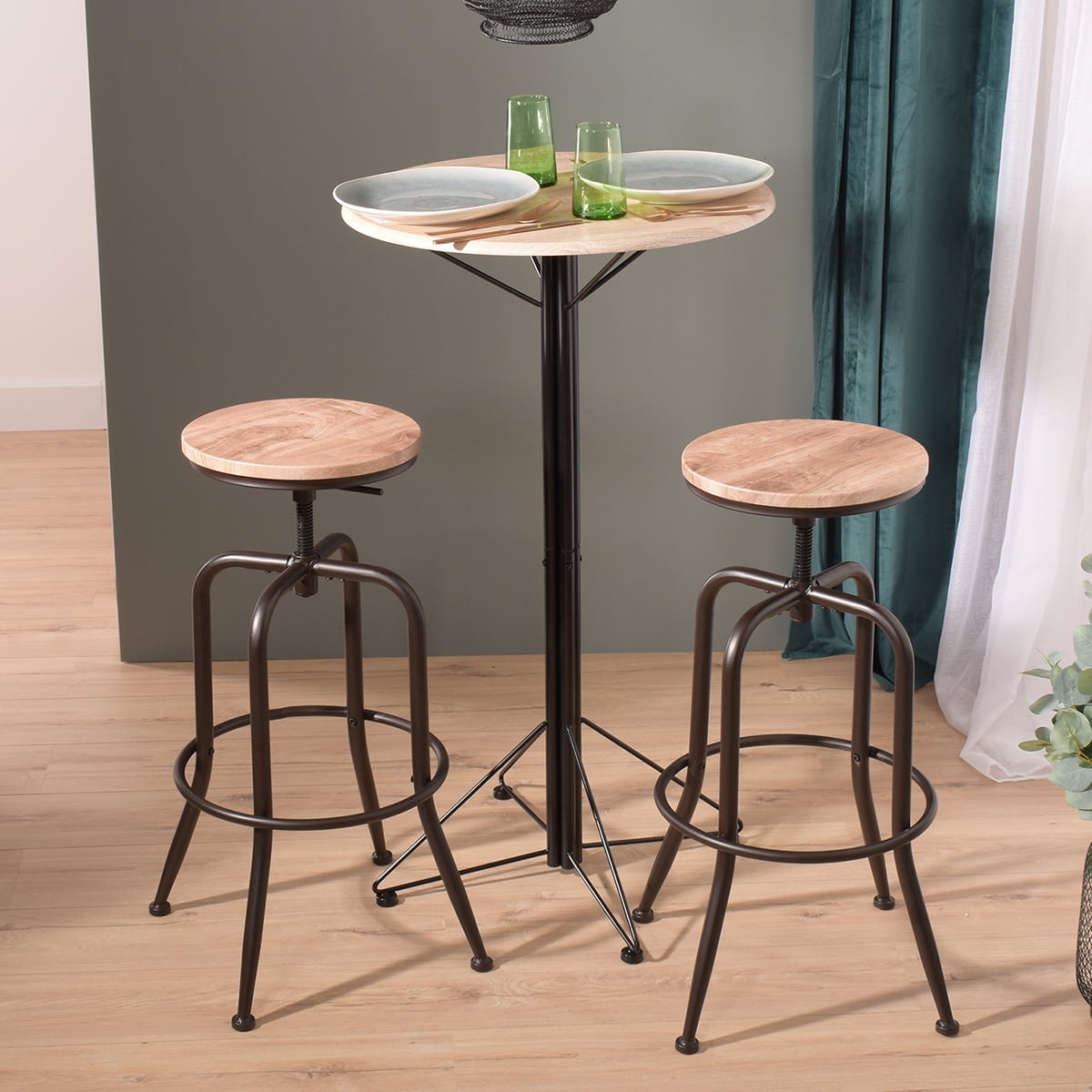 Kepooman 27" Industrial Vintage Bar Stools Set of 2, Counter Height Leather Bar Stools, Metal Frame Wooden Top Stool