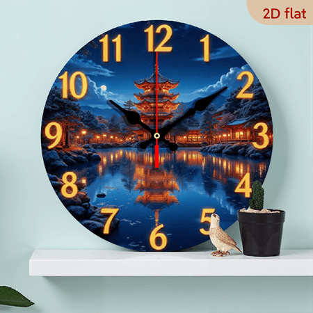 A 10 inch 2 D flat wooden round wall clock. Theme: Japanese night temple. Suitable for bedroom photo