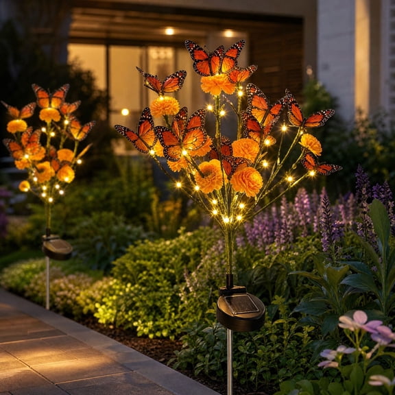 Ratfeit Fall Solar Marigold Butterfly Stake Lights, Artificial Floral Stake Lamp Warm Led Waterproof Outdoor Decor for Yard Patio Pathway