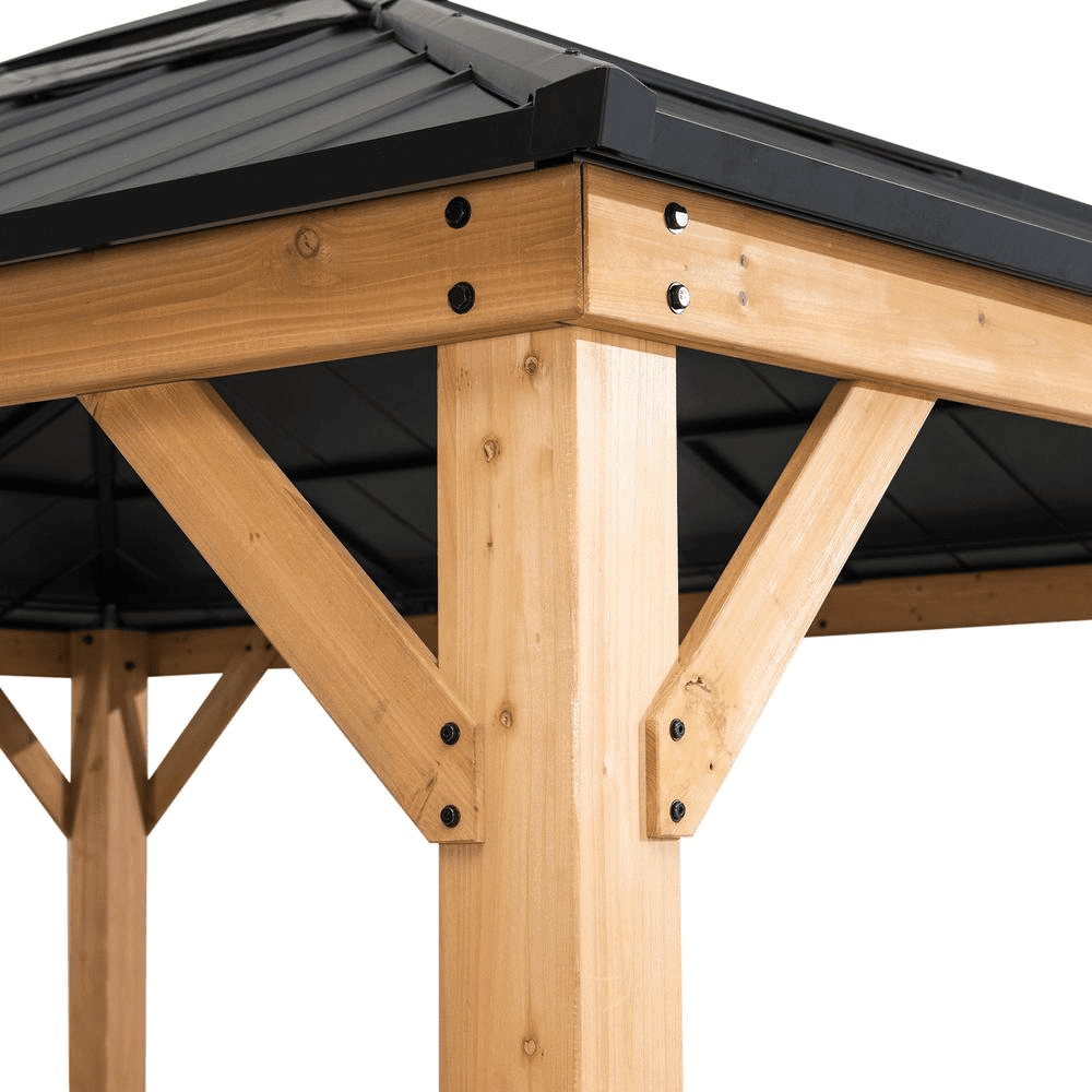 Sunjoy 13 ft. x 15 ft. Patio Cedar Framed Gazebo with Brown Steel and Polycarbonate Hip Roof Hardtop