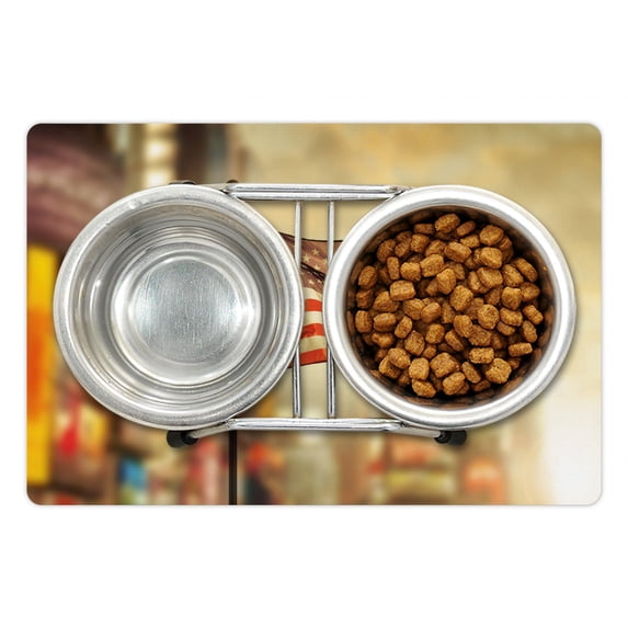 United States Pet Mat for Food and Water, American Flag Waving in City National Independence Day Celebration Theme, Non-Slip Rubber Mat for Dogs and Cats, 18" X 12", by Ambesonne