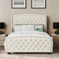 thumbnail image 3 of Belleze Velvet Upholstered Queen Bed with Button Tufted Headboard, Glam, Beige, 3 of 7