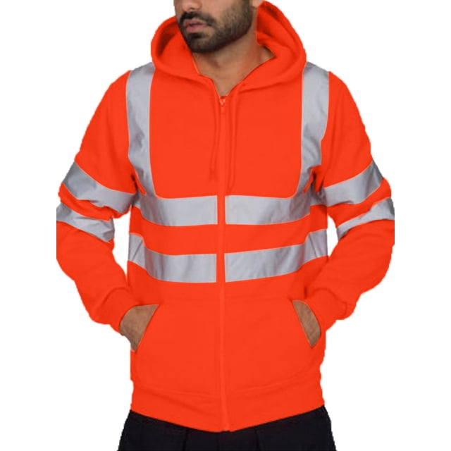 CVLIFE Men Coat Reflective Striped Sweatshirt Hooded Work Wear Open Front Hoodie Jacket Outdoor Outwear Orange XL