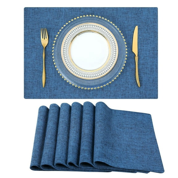 Cloth Blue Placemats Set of 6, Linen Type Fabric Placemats Machine Washable Heat Resistant Placemats Polyester Place Mats for Halloween, Thanksgiving and Christmas Dining Table (Blue)