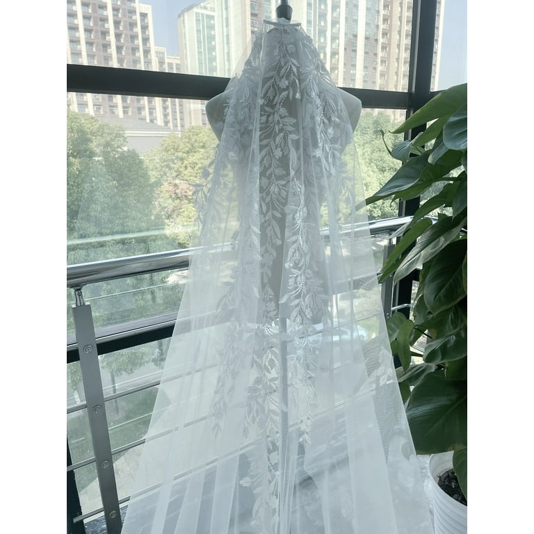 SINDALU Simple Lace Veil for Bride,Elegant Floral Lace Wedding Veil with  Comb,Long Veil with Hem Lace,Ivory Lace Veil,Cathedral Veil,One Tier Veil 