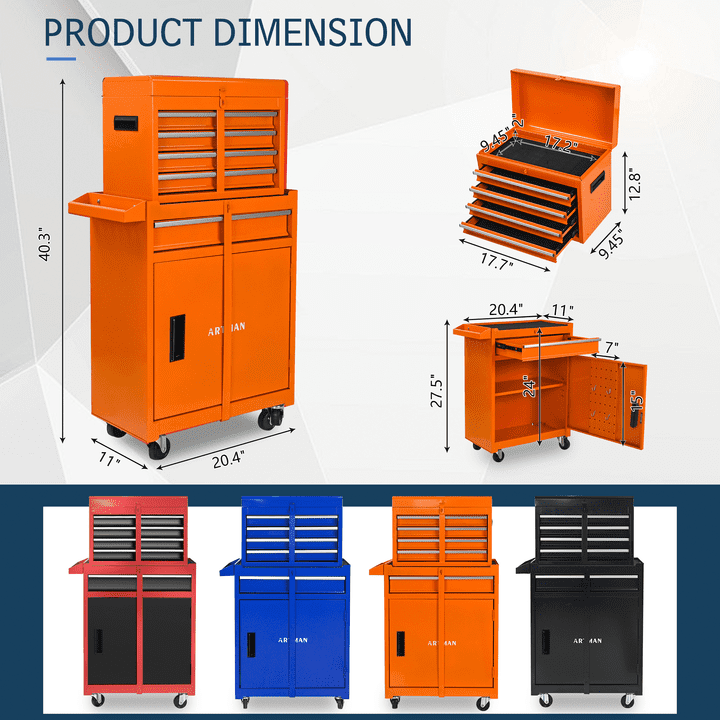Tool Box, Seizeen Rolling Tool Chest, Stainless Steel Tool Box with Brake Wheels and 4 Drawers, Detachable Tool Cart, Orange