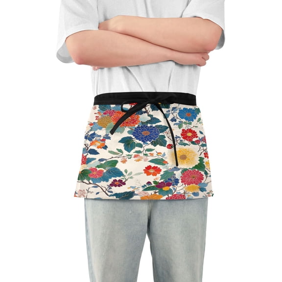 Yayeee Waist Apron with Pockets for Cooking Waterproof Half Server Aprons, Red Japanese Floral Pattern
