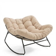 Dovov Oversized Papasan Rocking Chair, Indoor Outdoor Rocking Chair Patio Egg Chair with Cushion, Heavy Duty Steel Papasan Rocker Lounge Chair for Porch Balcony Nursery Living Room, Beige