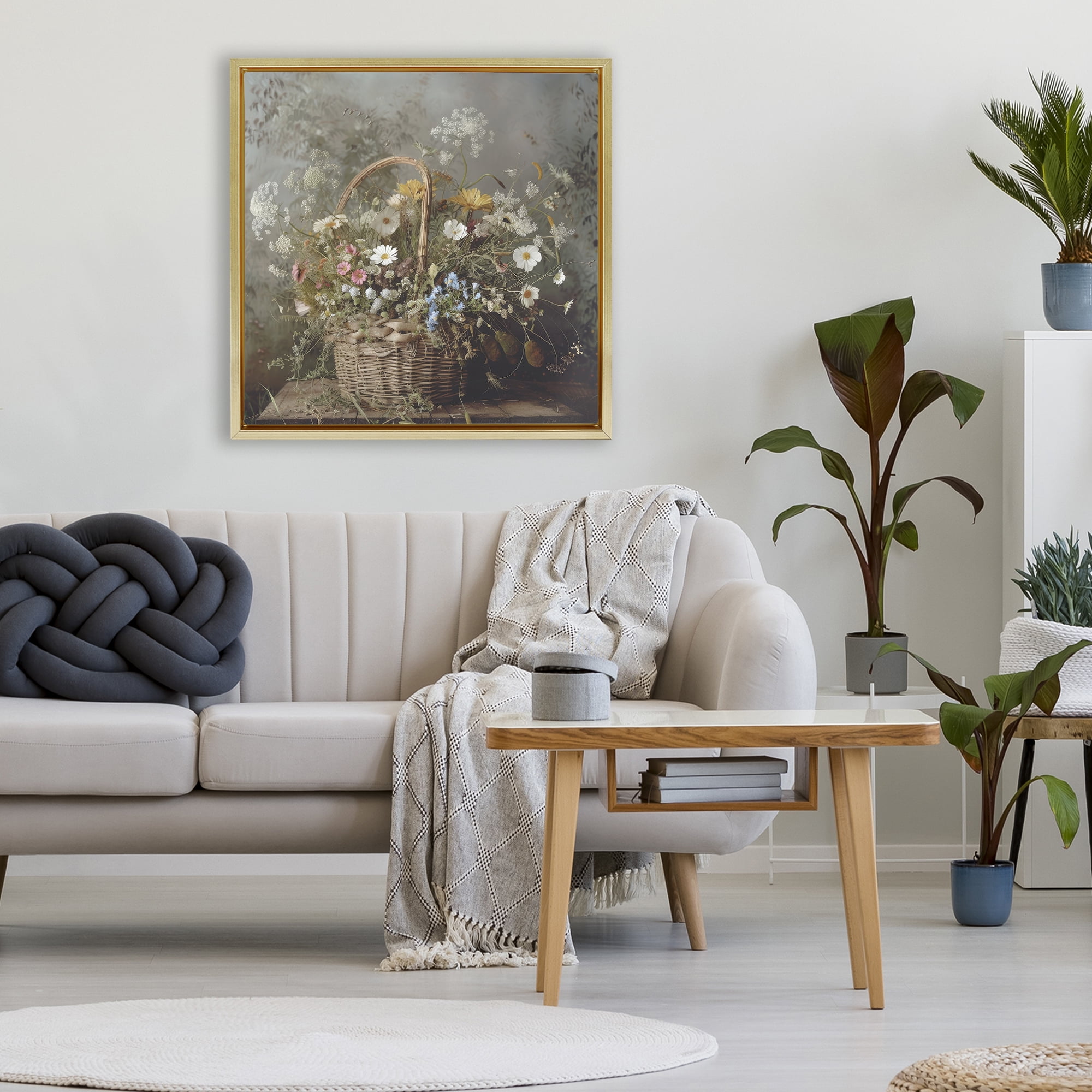 Stupell Industries Rustic Basket with Flowers Gold Framed Floater Canvas Wall Art, design by Lazar Studio