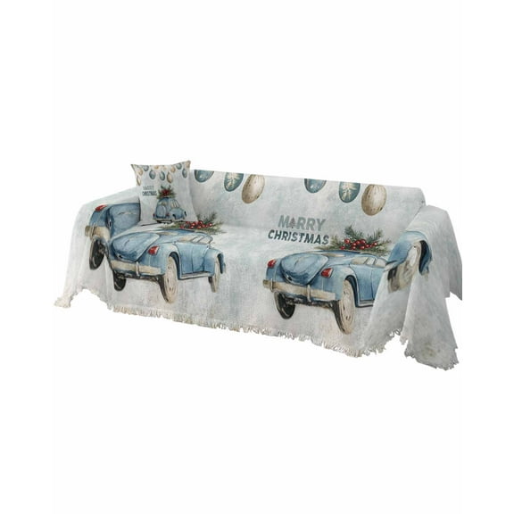 Blue Christmas Sofa Covers for 3 Cushion, Washable Couch Cover for Sectional Sofa Slipcovers with Tassel, Xmas Truck Vintage Balls Botanical Loveseat Covers Futon Cover Blanket 71''x118''