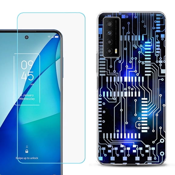 Slim-Fit Gel TPU Phone Case for TCL Stylus 5G, with Tempered Glass Screen Protector, by OneToughShield ® - Cosmos Circuit