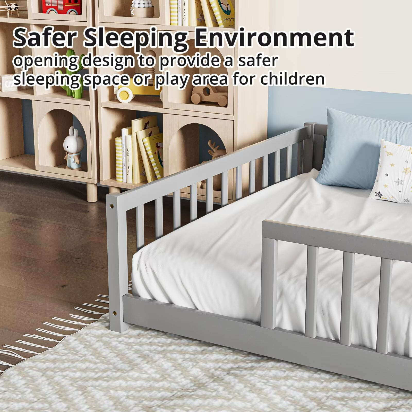 Full Floor Bed for Kids Toddlers, Multifunctional Montessori Bed Frame with Safety Guardrails and Wood Slats, Without Door, Easy Assemble, Grey