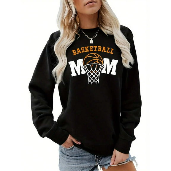 Basketball Mom Print Sweatshirt, Casual Crew Neck Long Sleeve Sweatshirt, Women's Clothing-Unisex Vintage Cotton Tee Black White