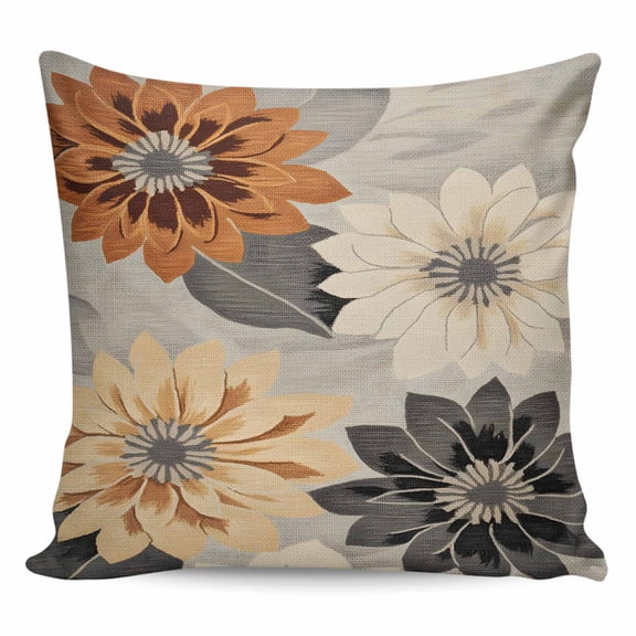 Throw Pillow Covers 24x24 Inch, Burnt Orange Grey Black Flower Decorative Pillow Cases for Couch Sofa Bed, Spring Floral Botanical Cotton Linen Square Home Decor Pillowcases with Hidden Zipper