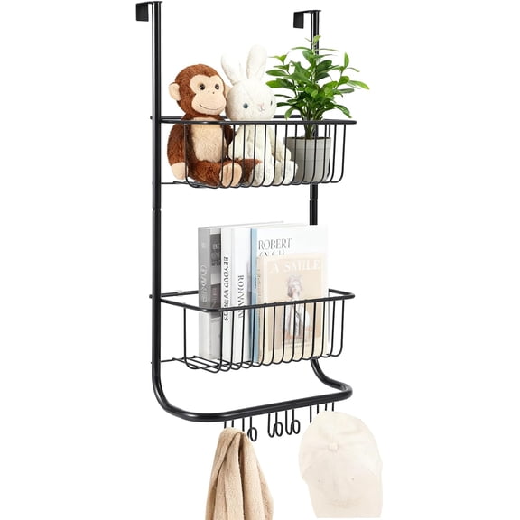 2-Tier Basket Over The Door Organizer, Metal Shower Caddy Hanging with 2 Baskets and 6 Hooks, Bathroom Organizers and Storage, for Bedroom, Pantry, 11.8" L x 5.1" W x 24.2" H