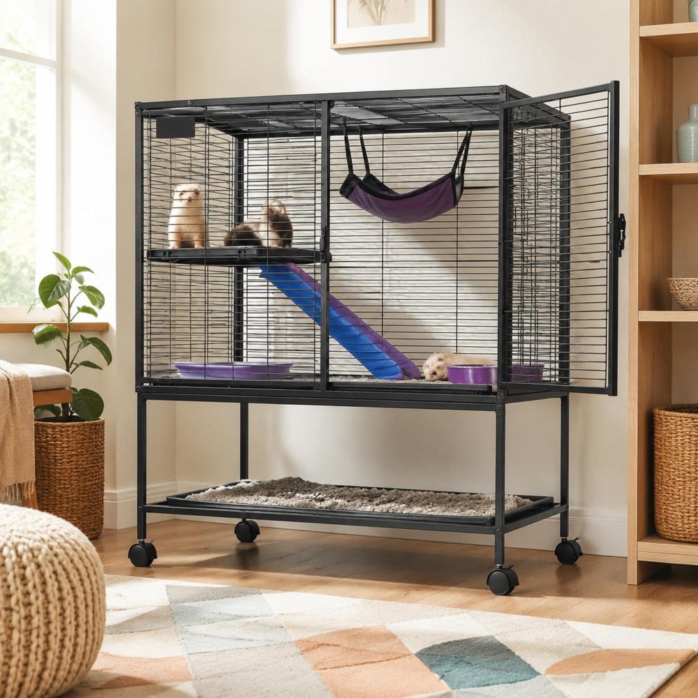 Rolling Metal Ferret Cage, 36 in, 2 Tiers, Ramps, Removable Tray, 1/2 in Wire Spacing, for Small Pets