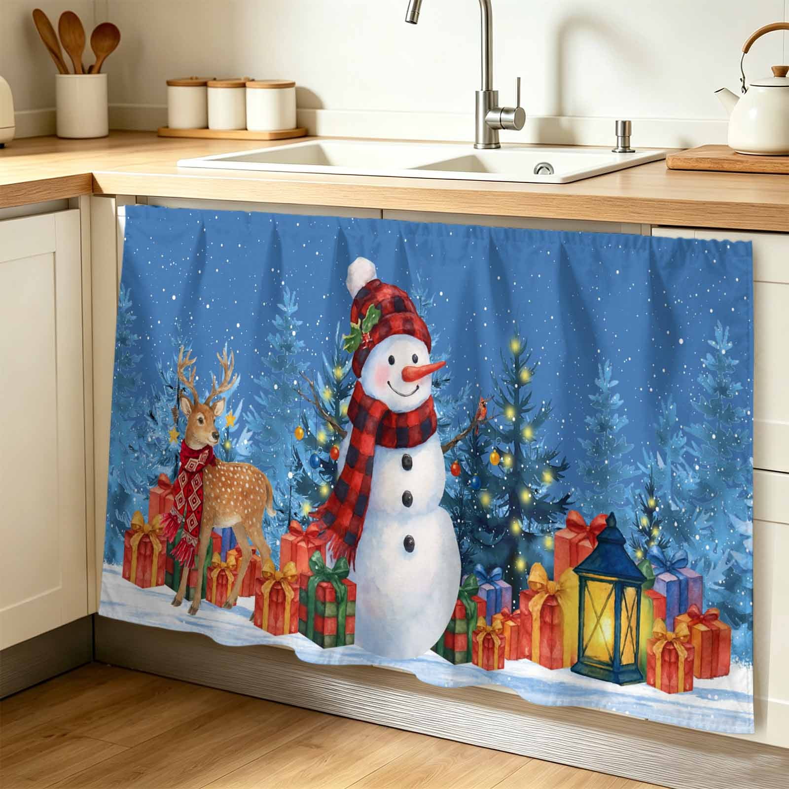 Blue Snowman Christmas Cabinet Curtain 28 W x 51 L Xmas Tree Snowflake Elk Gifts Dust-Proof Privacy Curtain for Closet Shelves Self Adhesive Sink Skirt for Bathroom Vanity Kitchen Laundry Room