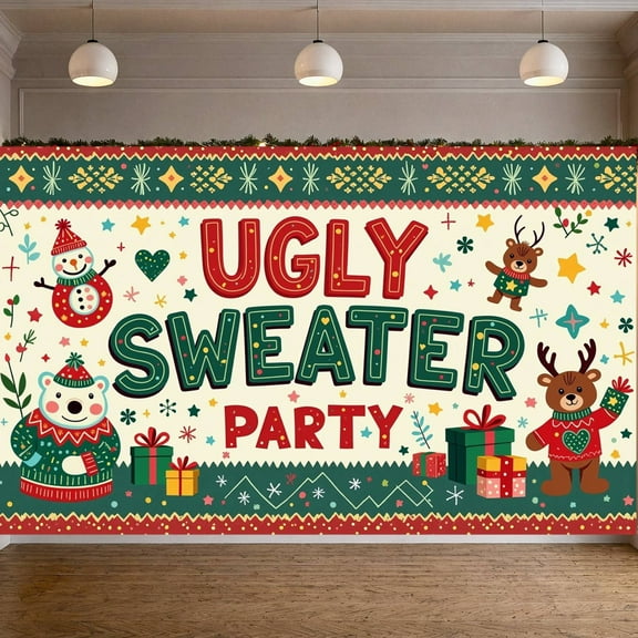 Snowman Ugly Sweater Party Banner Reindeer Festive Backdrop Colorful Stars Gift Boxes Christmas Background for Christmas Party Ugly Sweater Event Holiday Gathering