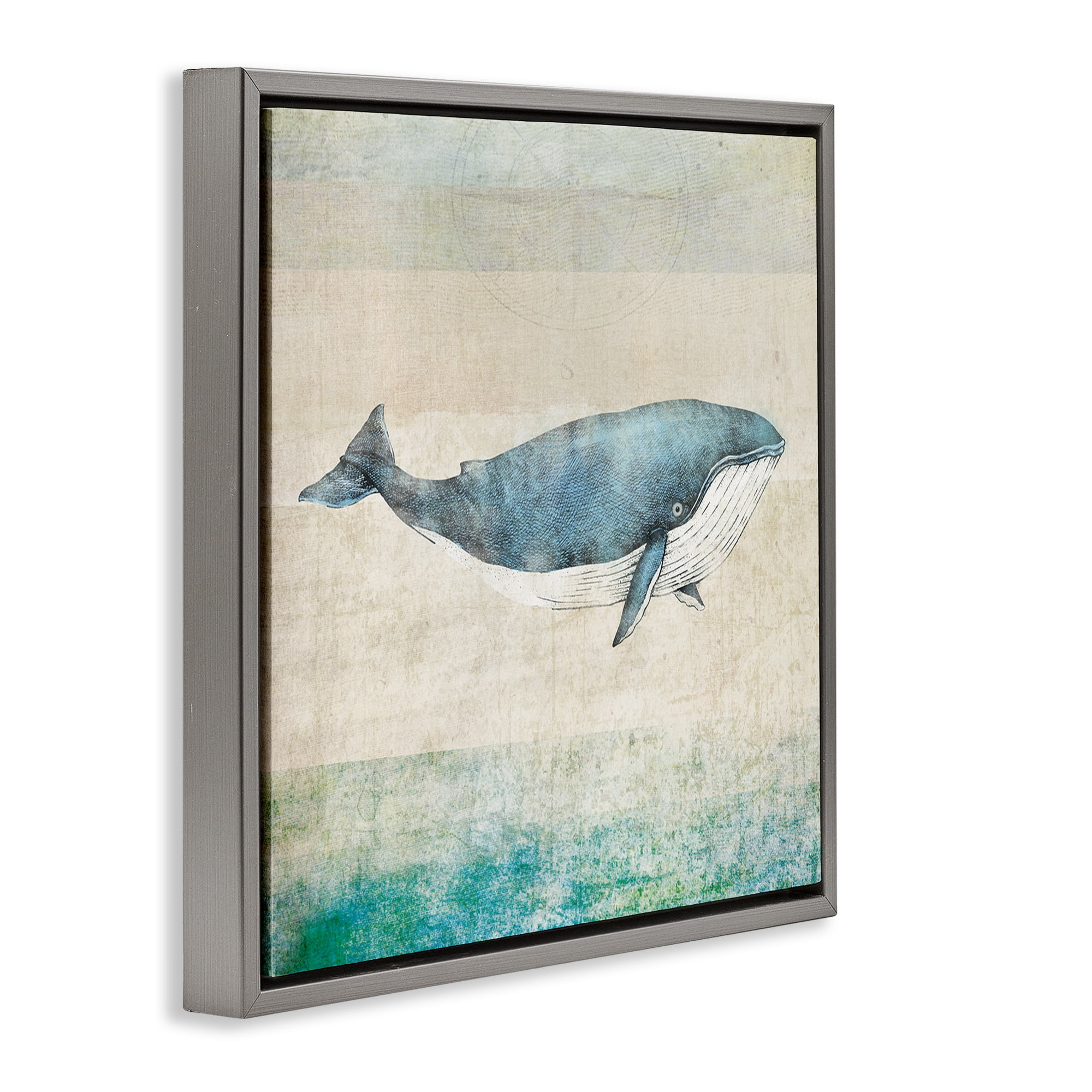 Stupell Industries Rustic Maritime Whale Nautical & Beach Painting Gray Floater Framed Canvas Art Print Wall Art, 18 x 18