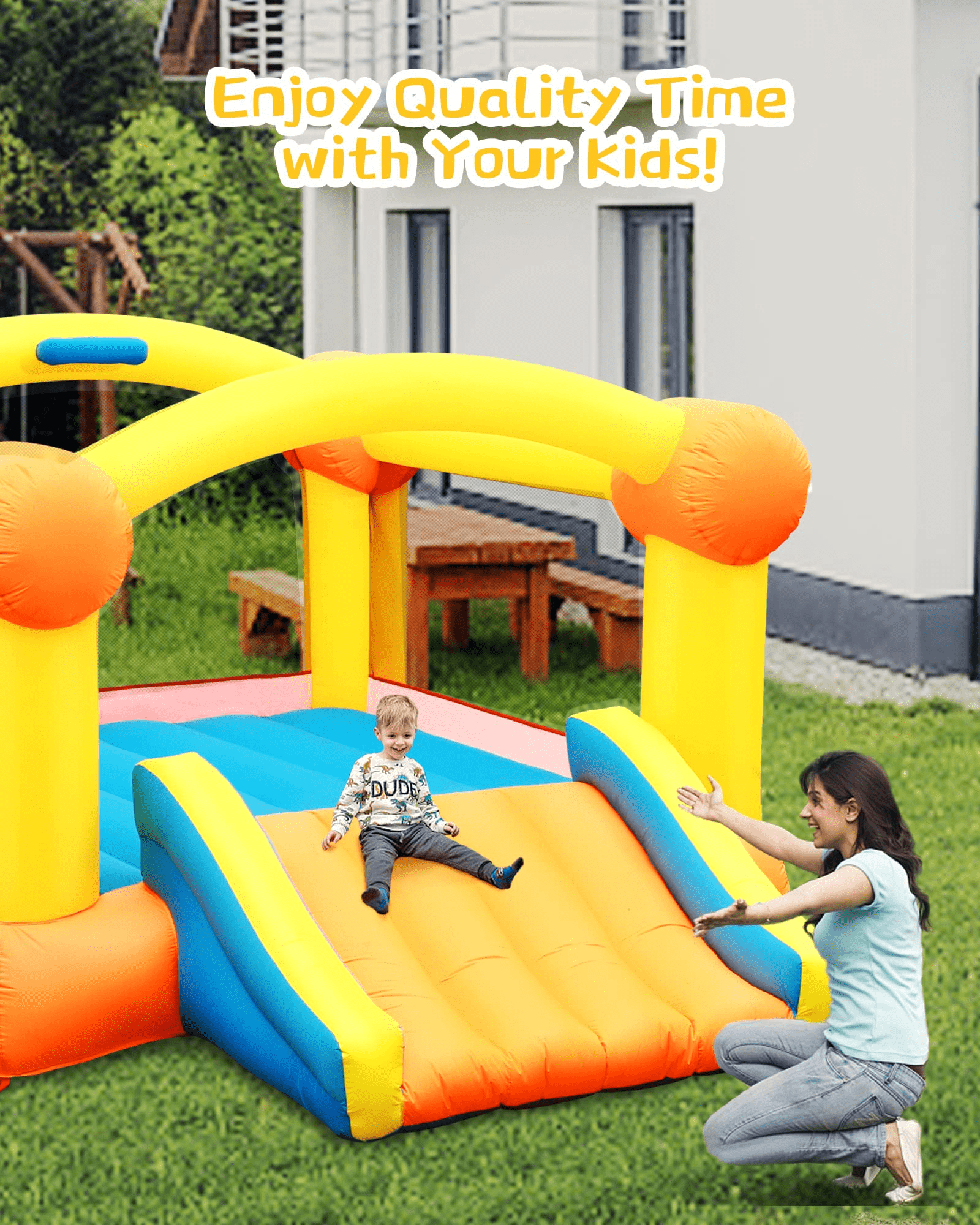 Entil 12ft(L)x9ft(W) Inflatable Bounce House with Blower, Big Slide, Basketball Hoop & Inflatable Basketball, Outdoor/Indoor for Kids