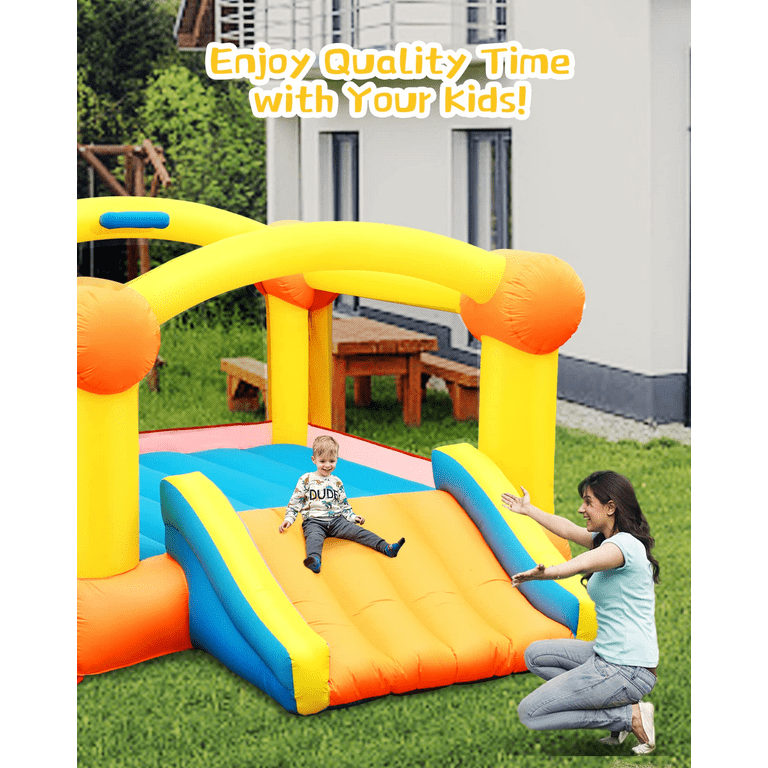Entil 12ft(L)x9ft(W) Inflatable Bounce House with Blower, Big Slide, Basketball Hoop & Inflatable Basketball, Outdoor/Indoor for Kids