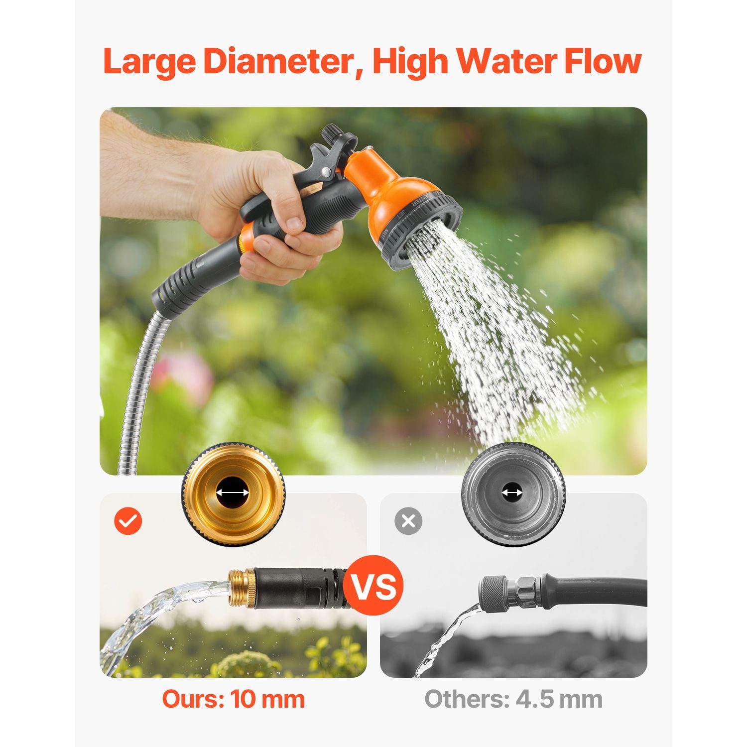 Durable Stainless Steel Garden Hose, 20-30% Lighter than Rubber, Non-Kink Design, 10-Pattern Spray Nozzle, for Watering, Cleaning & Car Washing