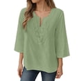 thumbnail image 2 of 3/4 Length Sleeve Womens Tops Spring Summer Casual Cotton Linen Lightweight Loose V Neck Boho T Shirts Blouse, 2 of 6