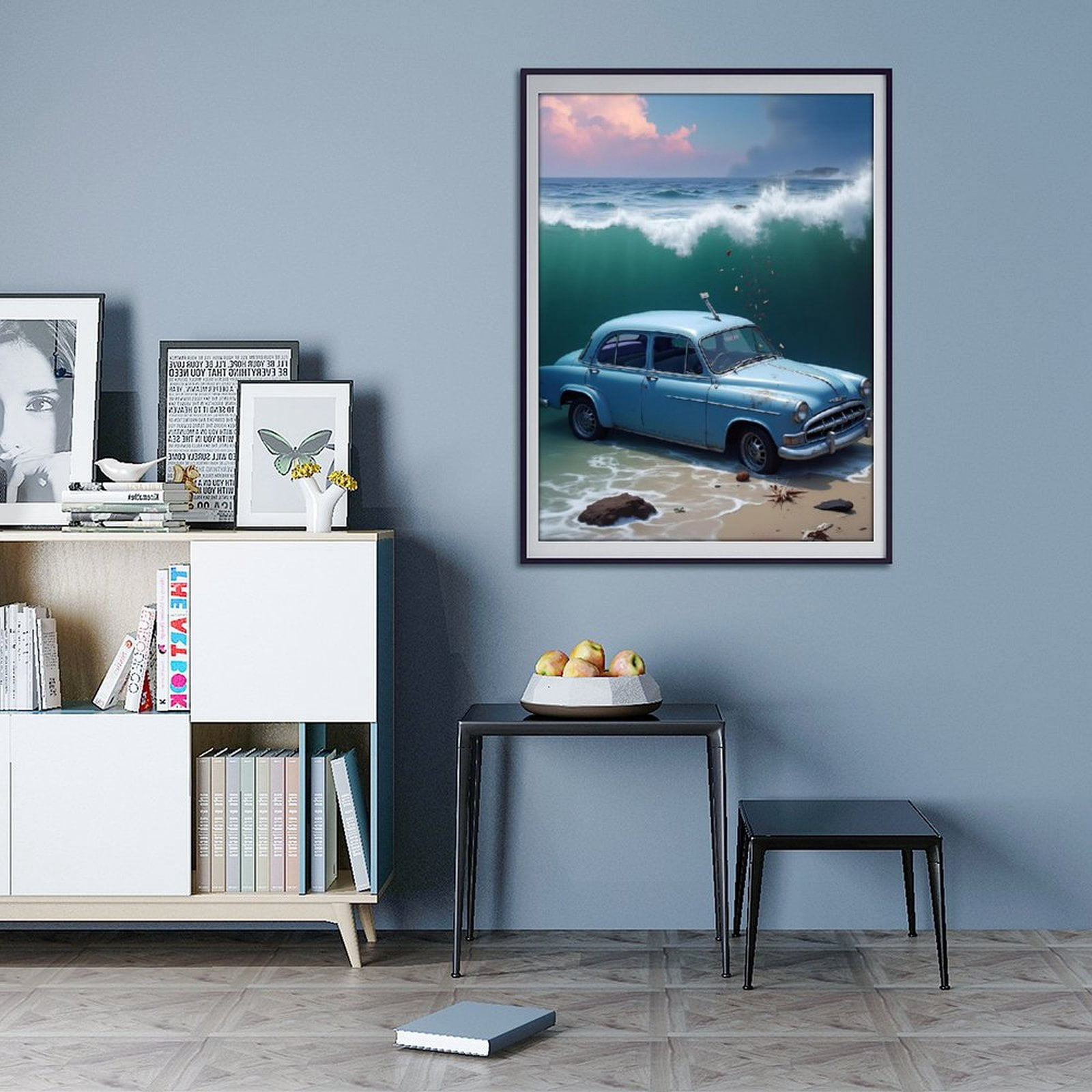 Diamond Art Kits for Adults - Classic Car Sky Blue Print No.68 5D Frameless Dimond Painting Kit for Adults Beginner, Round Diamond Kits for Home Wall Decor, Gift for Women