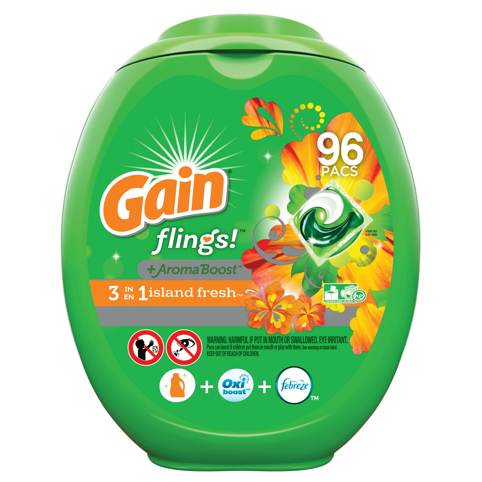 Gain flings! Laundry Detergent Pacs, Island, 96 count