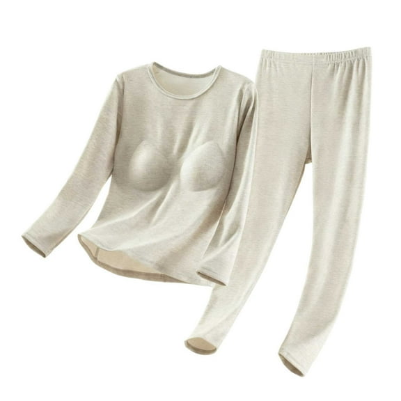 Levmjia Women Thermal Underwear Set Round Neck With Chest Pads Warm Lightweight Long Sleeve Top And Pants For Winter Cold Weather Trousers