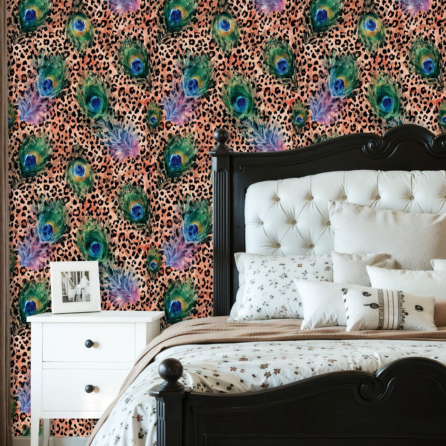 Peel and Stick Wallpaper Peacock Feather Leopard Print Art Vibrant Colors Wall Mural 23.6in x 9.8ft Self Adhesive Removable Wall Paper Renter Friendly Wallpaper for Nursery Bedroom Cabinets