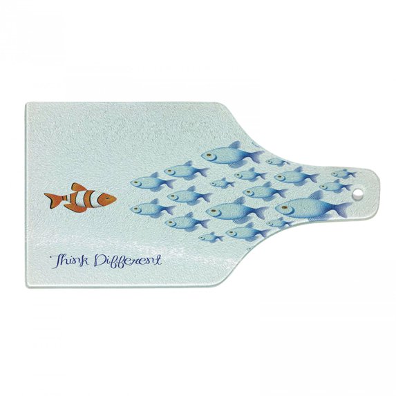 Saying Cutting Board, Words with Outsider Fish Against All the Others Inspirational Art, Decorative Tempered Glass Cutting and Serving Board, Wine Bottle Shape, Orange Blue, by Ambesonne