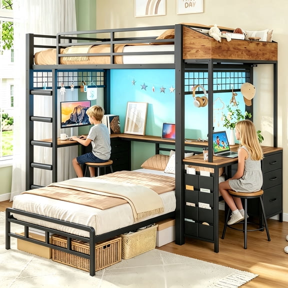 Bunk Bed Twin Over Twin with Desk, L-Shaped LED Gaming Metal Loft Bed with 6 Storage Drawers and Bed Side Boxes & Charging Staion, Black Space Saving Bedroom Furniture